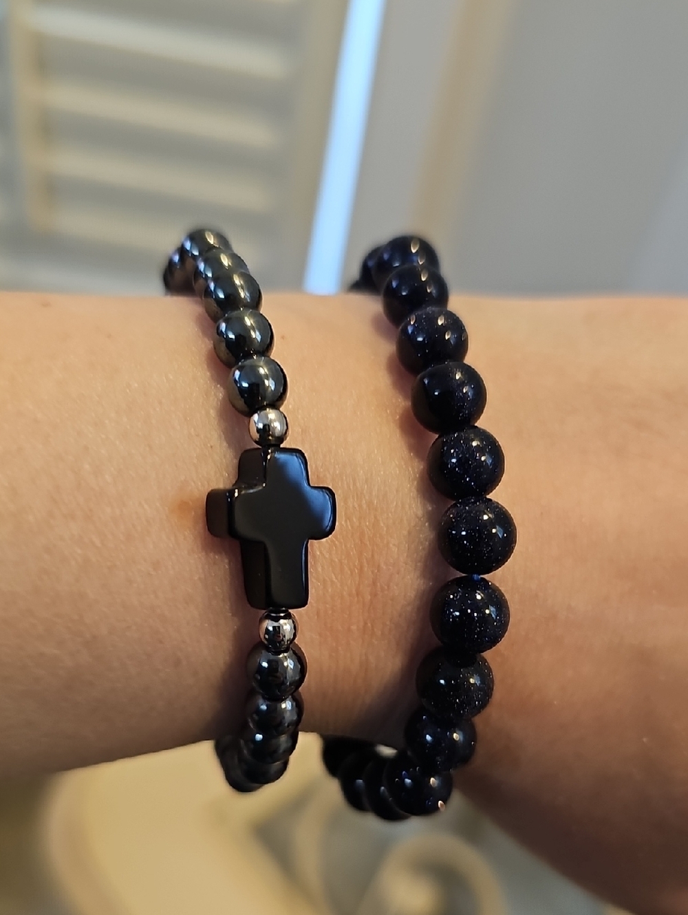 Black Beaded Cross Glitter Speckle Bracelet Set Of 2 Brand New